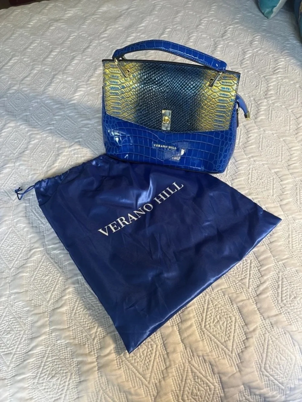 Verano Hill Blue Croc-Embossed Satchel with Gold Accent
